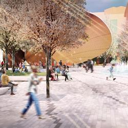Pedestrian-level view of Ken Whillans Square